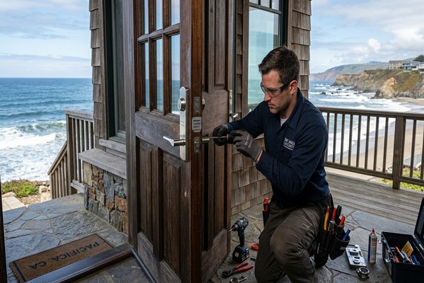 Coastal lock corrosion comparison showing salt-air damage on Pacifica home hardware
